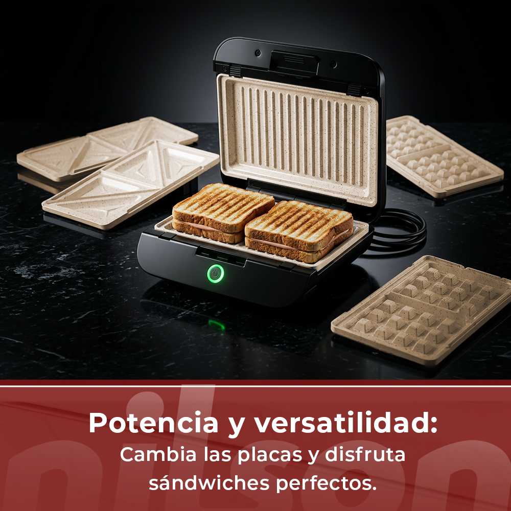 Sandwichera con dos sándwiches, placas intercambiables cerca, fondo negro.