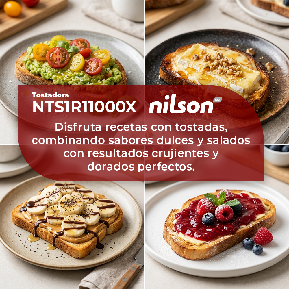 Cuatro variedades de tostadas: aguacate-tomate, brie-nueces, mantequilla de maní-plátano, mermelada.