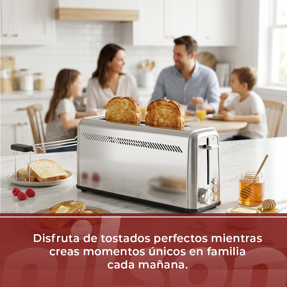 Una tostadora plateada con dos rebanadas de pan tostado sobre una encimera de mármol.