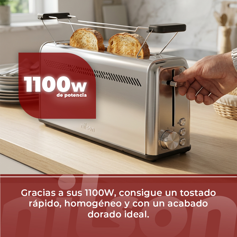 Una tostadora plateada con dos rebanadas de pan, operada por una mano.