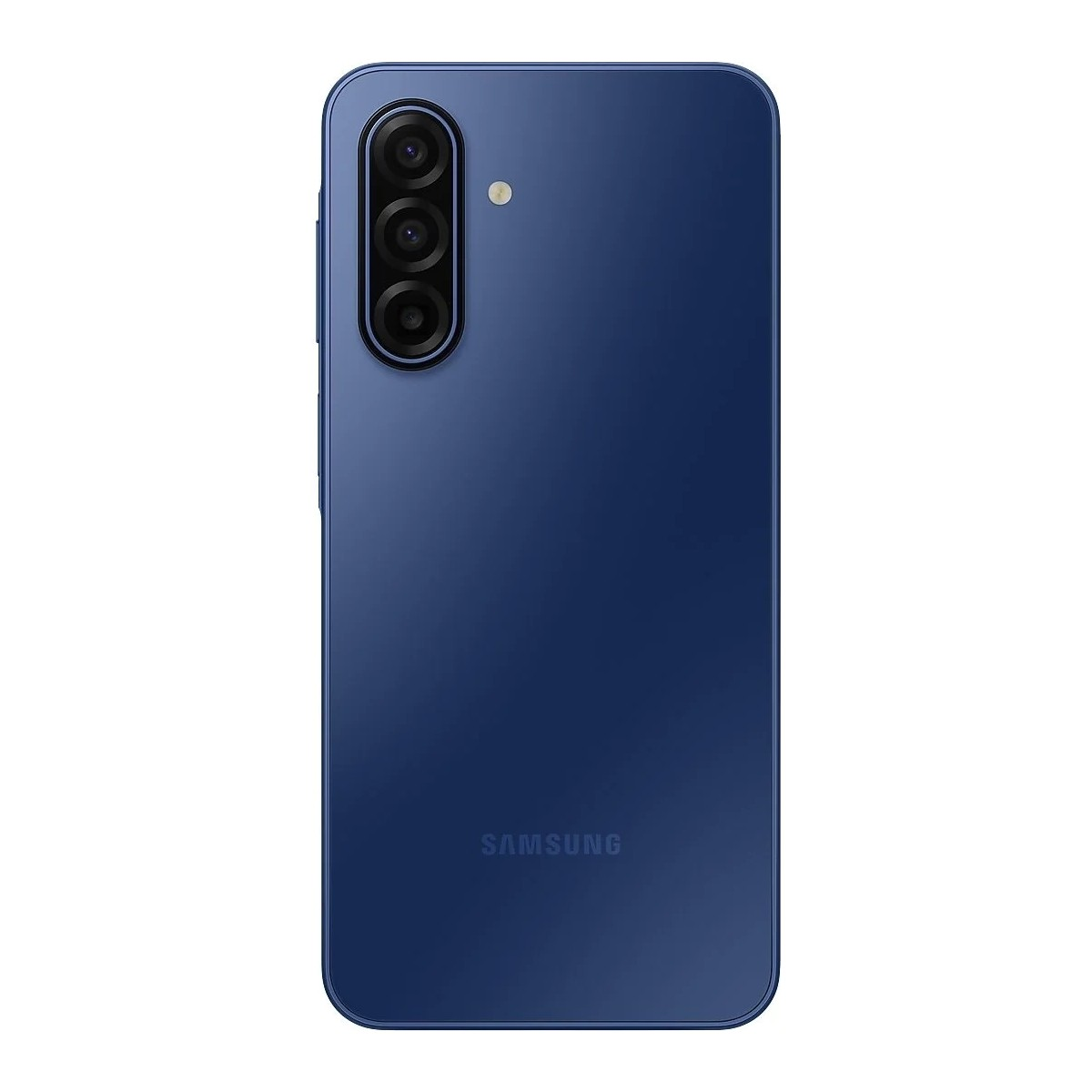 Üçlü kamera kurulumu ve flaşa sahip mavi Samsung akıllı telefon.