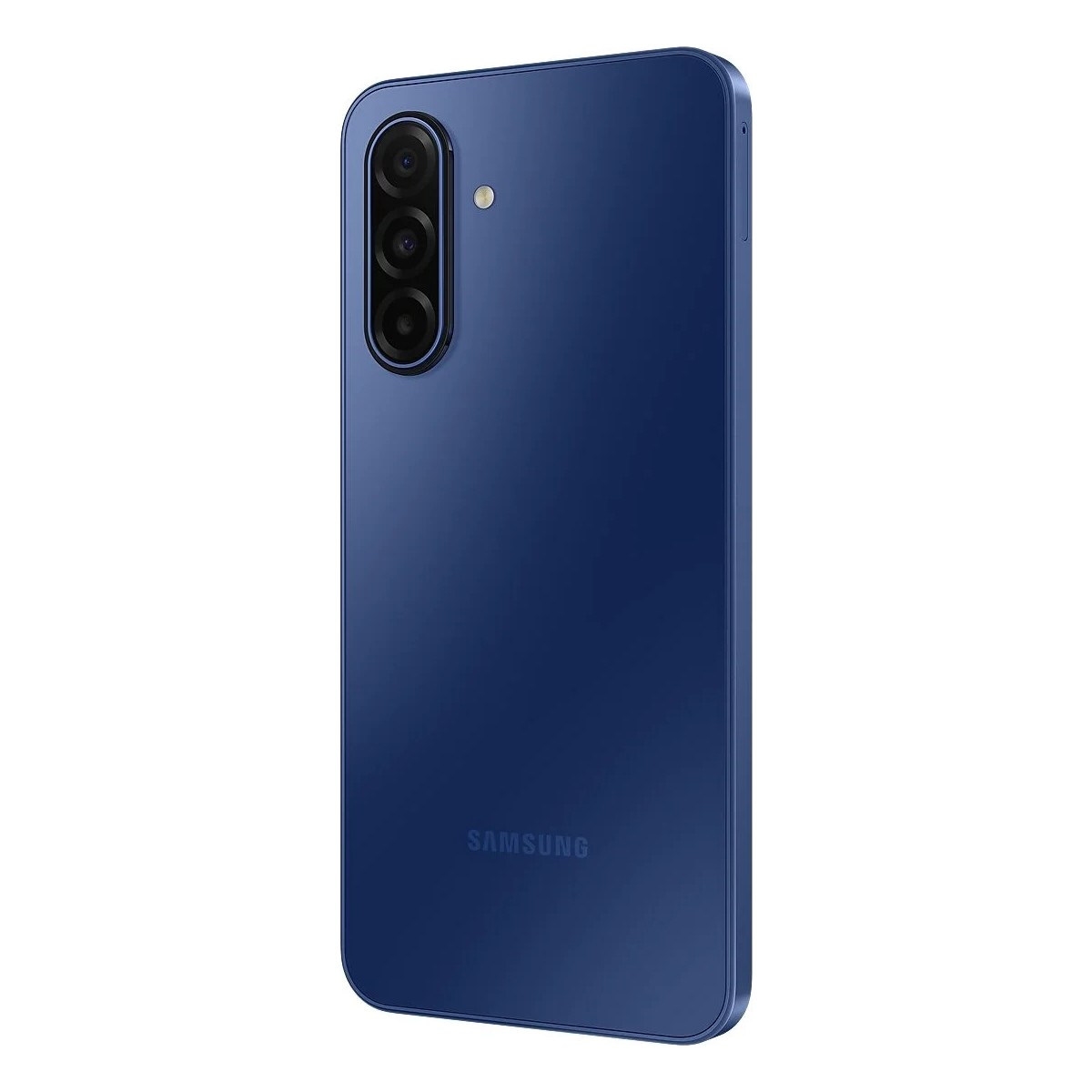 Üç kameralı ve Samsung logolu koyu mavi akıllı telefon arkası.