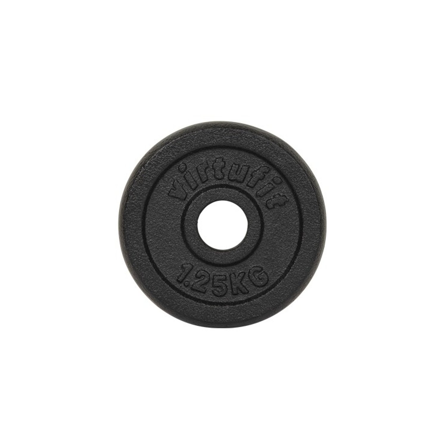 Schwarze 1,25-kg-Hantelscheibe mit "virtufit"-Logo, auf weißem Hintergrund.