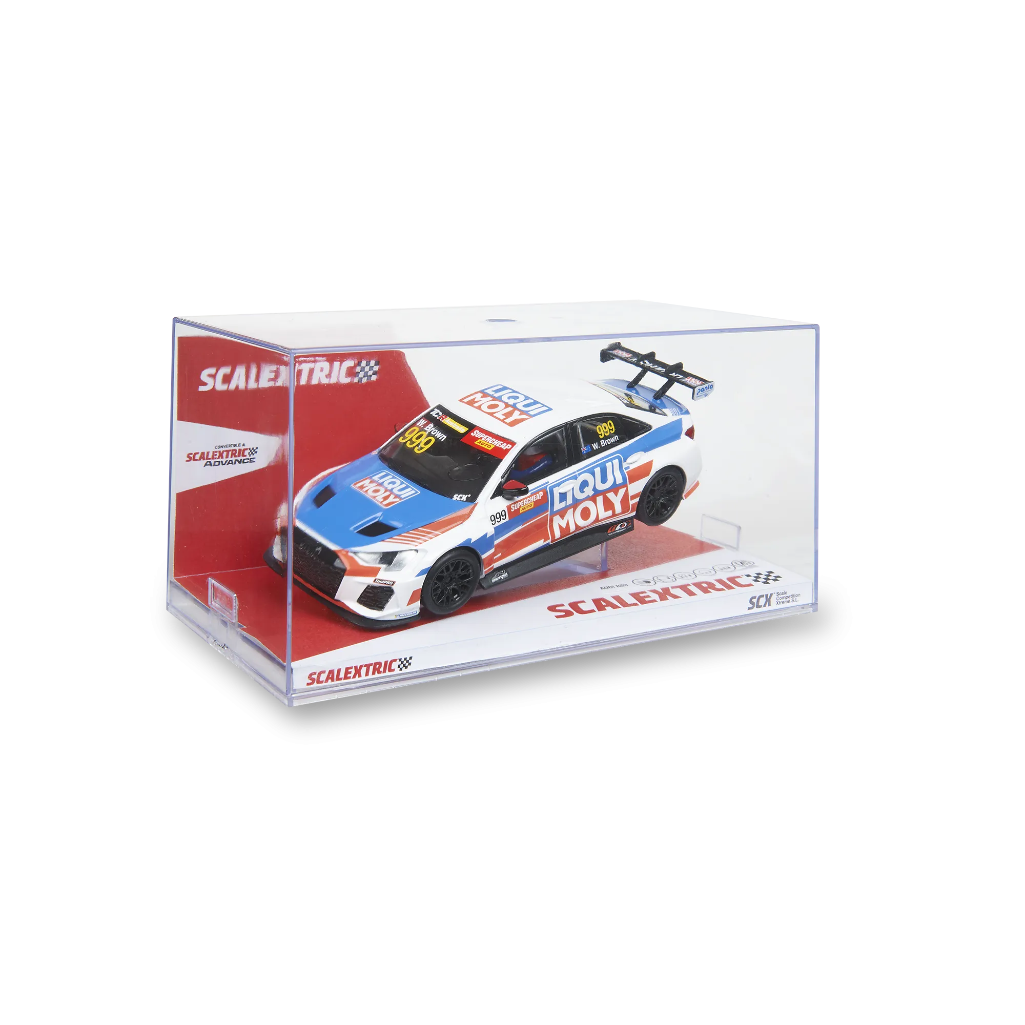 Un coche de carreras modelo blanco y azul con librea 'Liqui Moly' en una caja de plástico transparente.