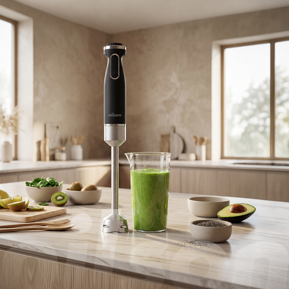 Una batidora de inmersión negra junto a un vaso de batido verde, ingredientes en la encimera.