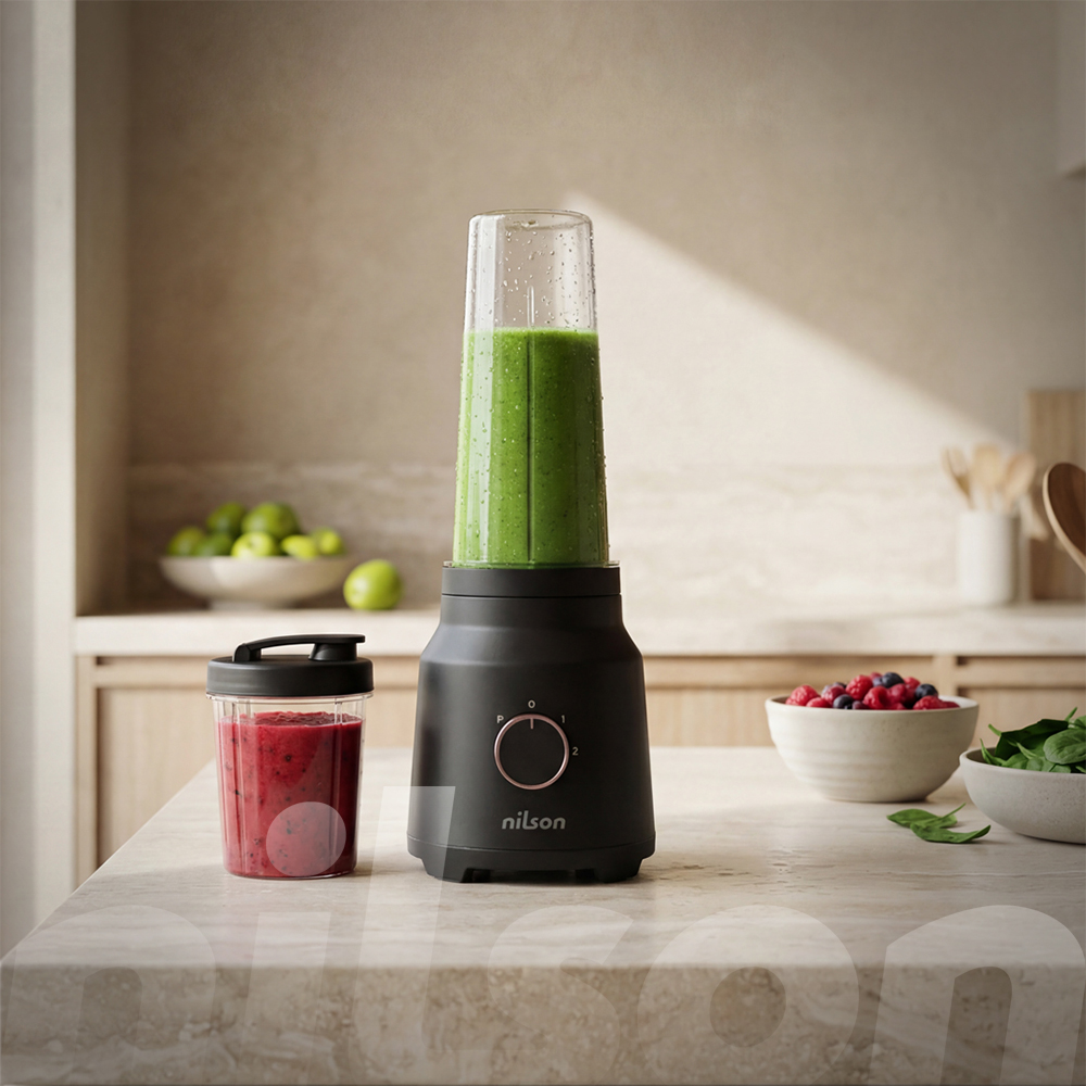 Licuadora negra con batido verde, al lado una taza con batido rojo.