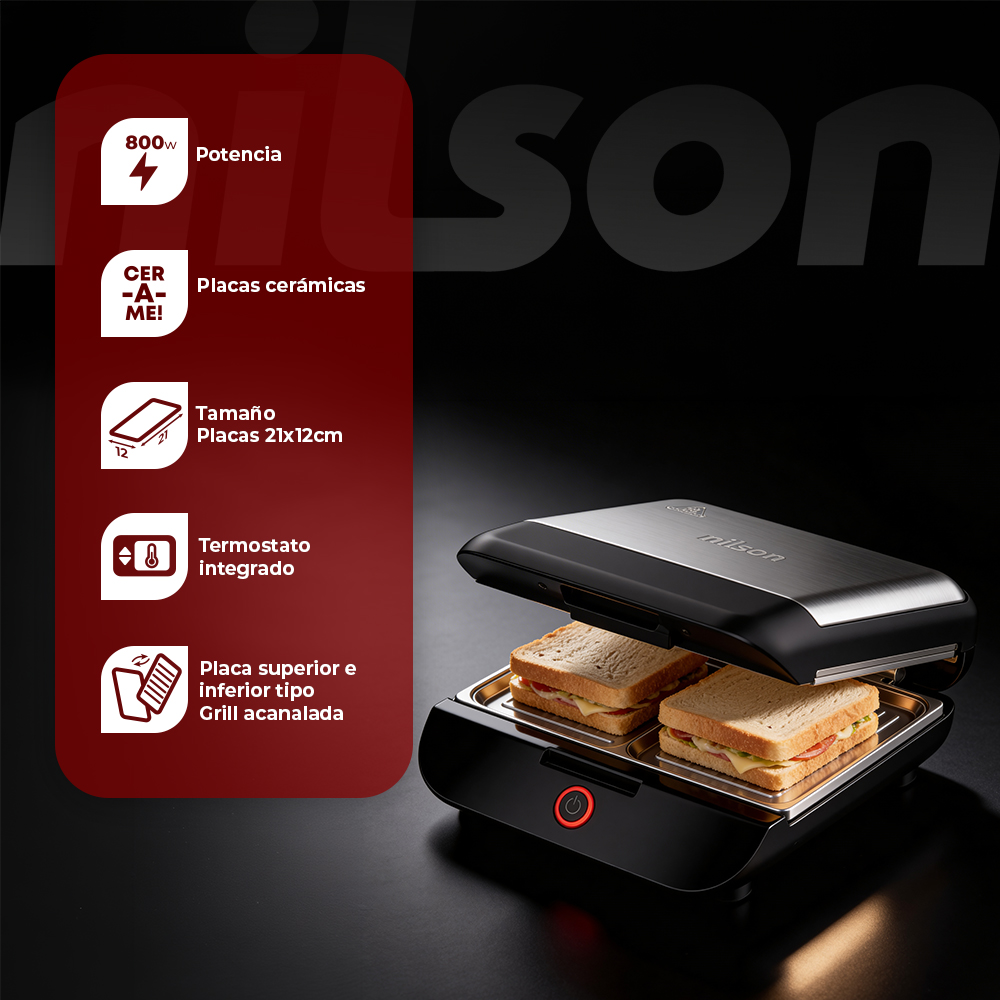 Sandwichera de 800W, placas cerámicas, 21x12cm, termostato y placas grill.