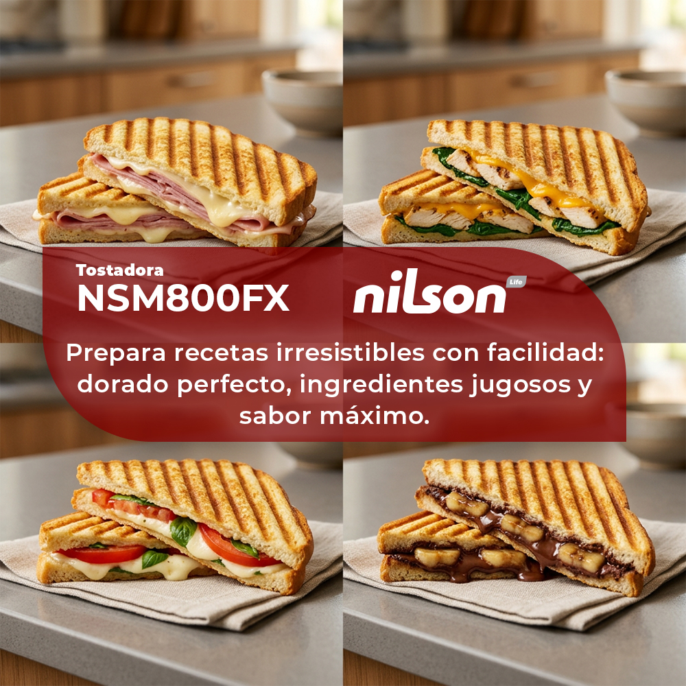 Cuatro sándwiches tostados: jamón y queso, pollo y espinacas, caprese y chocolate-banana.