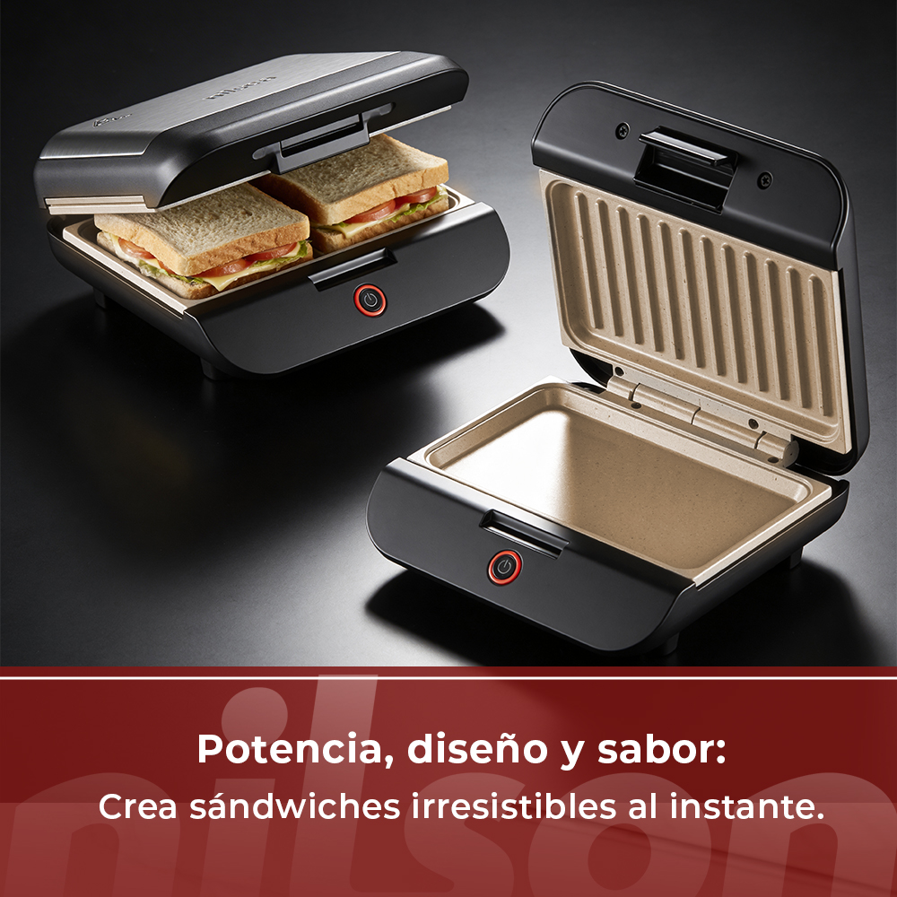 Dos sandwicheras sobre fondo negro. Una con sándwiches, la otra abierta.