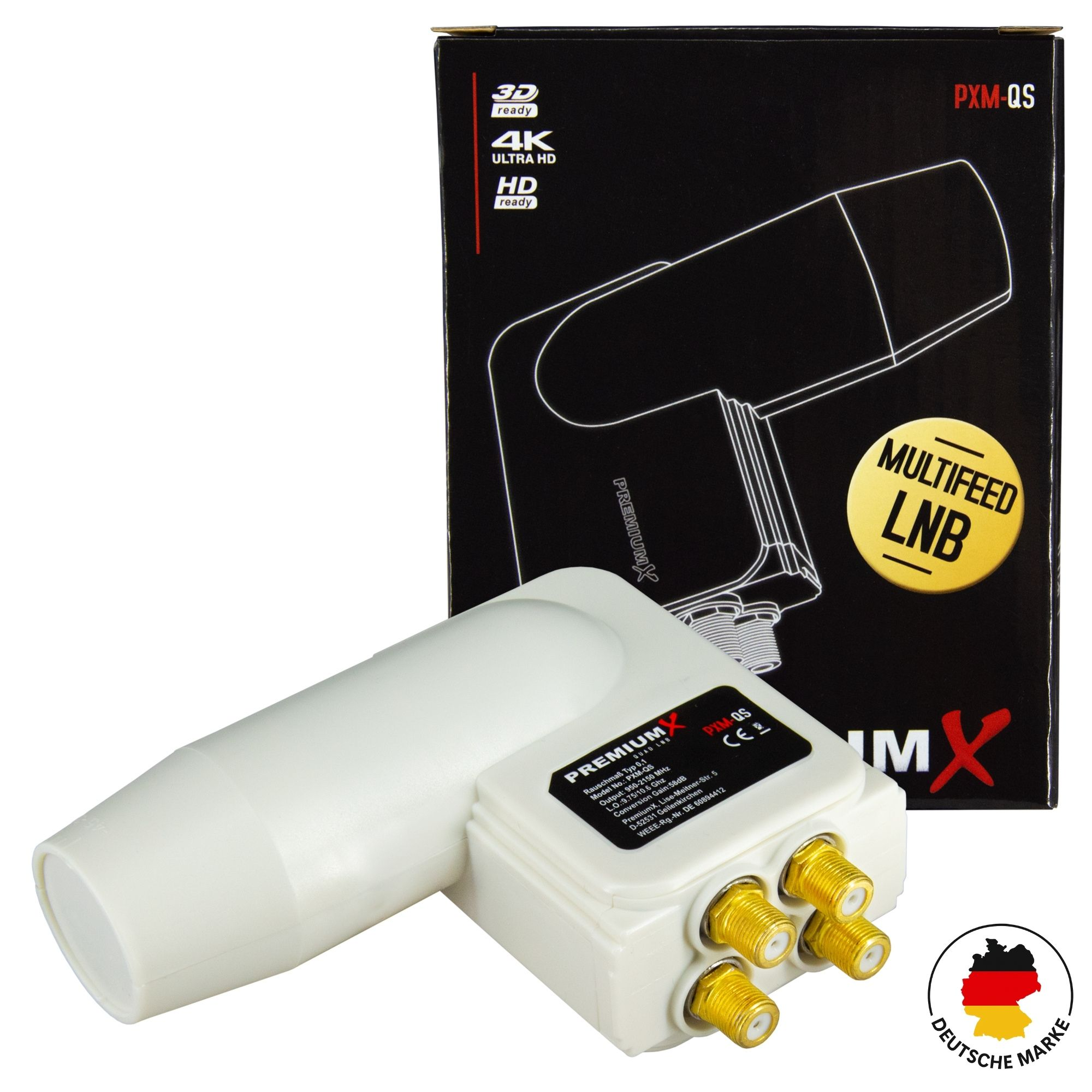 Ein weißer LNB mit vier goldenen Anschlüssen, daneben eine schwarze Verpackung mit Produktinformationen.