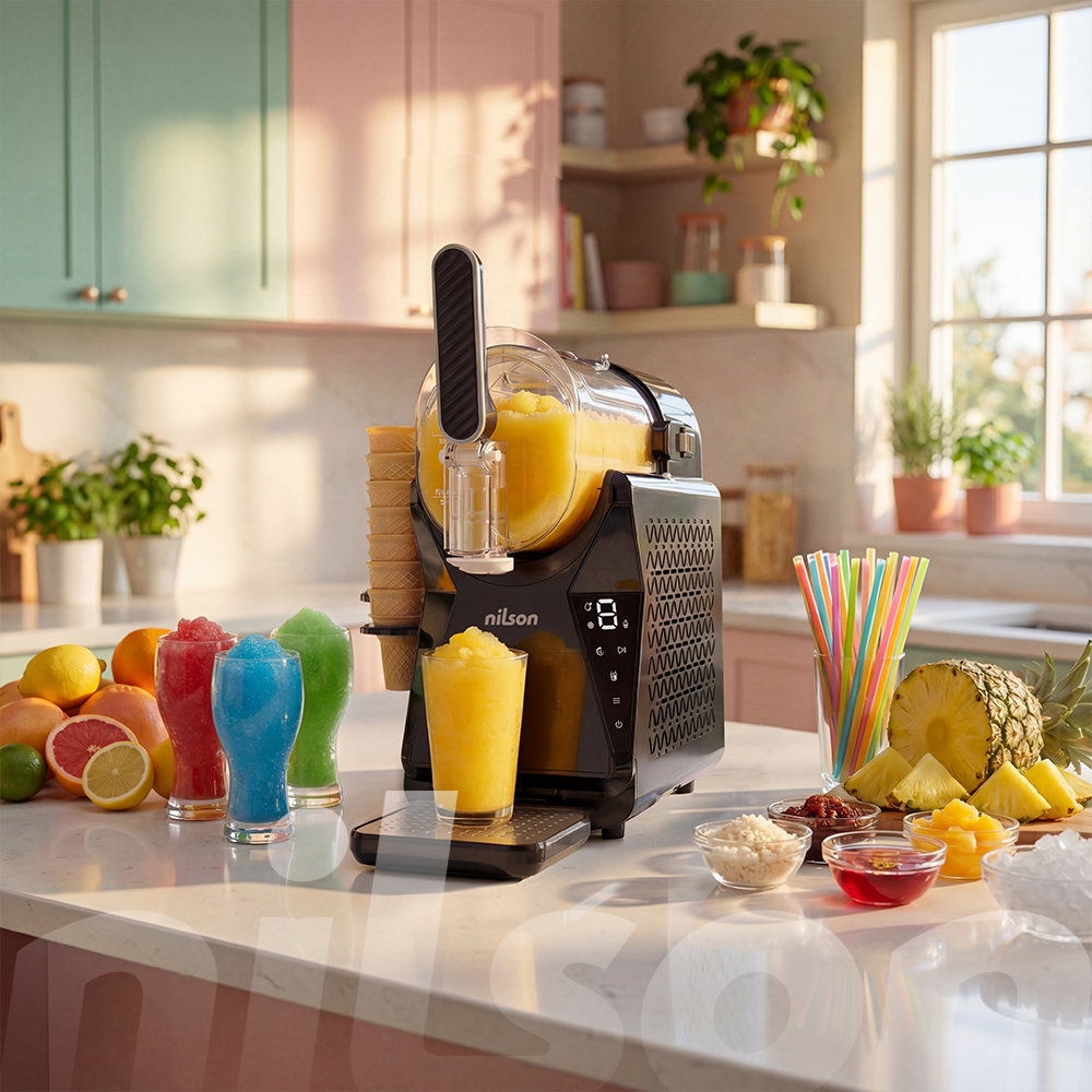 Una máquina de hielo Nilson hace granizado amarillo, con frutas y hielo al lado.