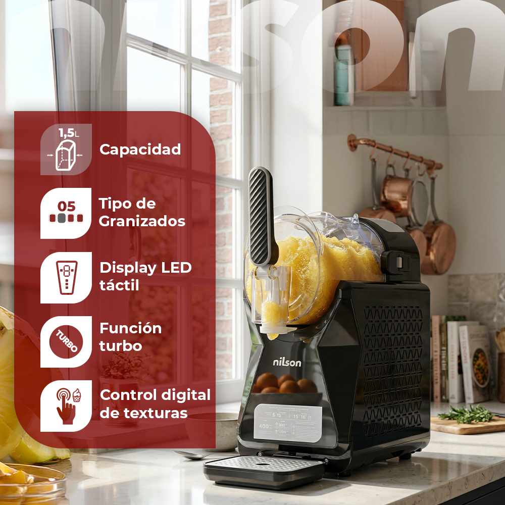 Una máquina Nilson negra para granizados con 1,5L de capacidad y pantalla táctil LED.