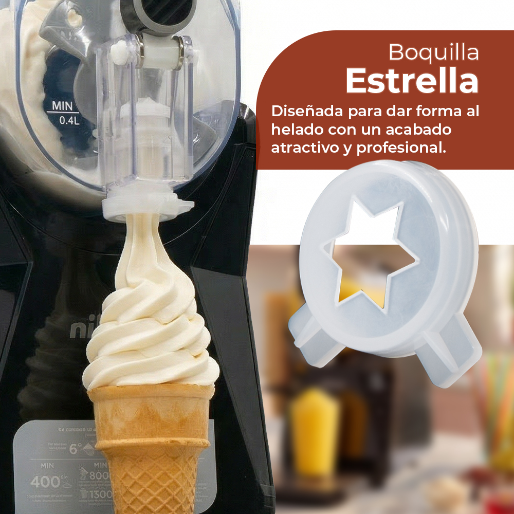 Helado suave dispensado en forma de estrella de una máquina en un cono.