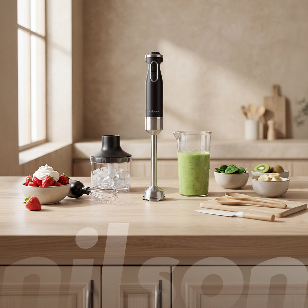 Una batidora de inmersión con accesorios, fresas, hielo y un batido verde en una mesa de madera.