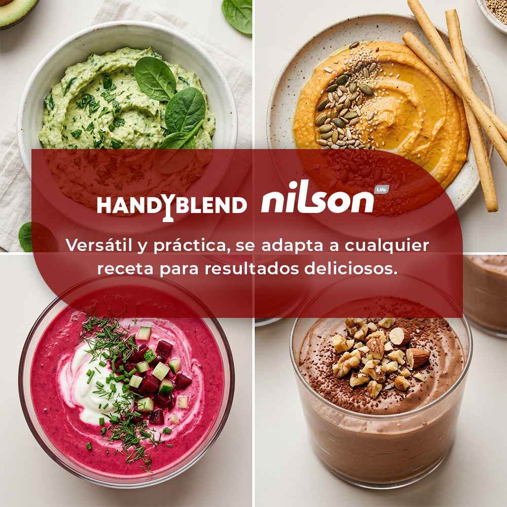 Cuatro platos: dip verde, hummus, sopa roja y pudín de chocolate.