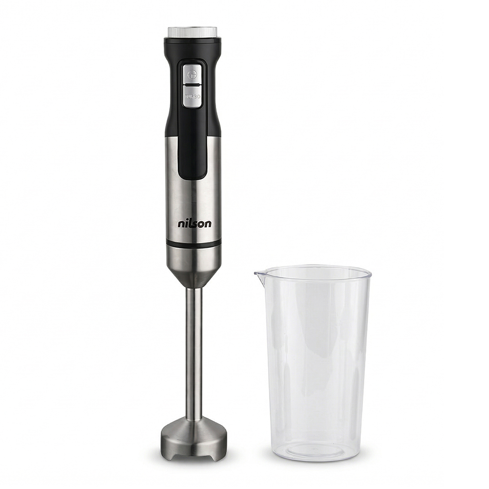 Una batidora de inmersión de acero inoxidable y plástico negro con un vaso medidor.