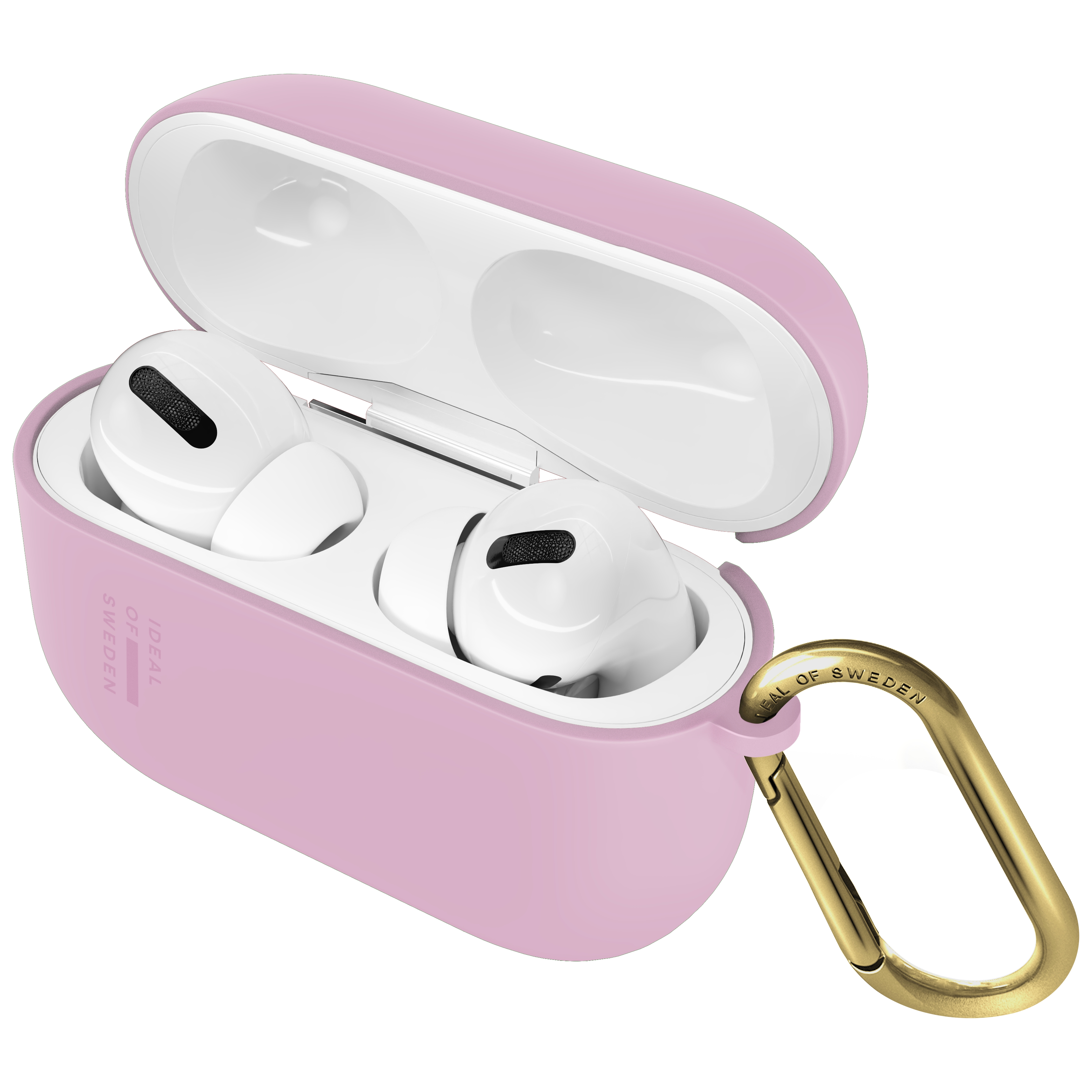 Un estuche de carga rosa con auriculares blancos y un clip de mosquetón dorado.