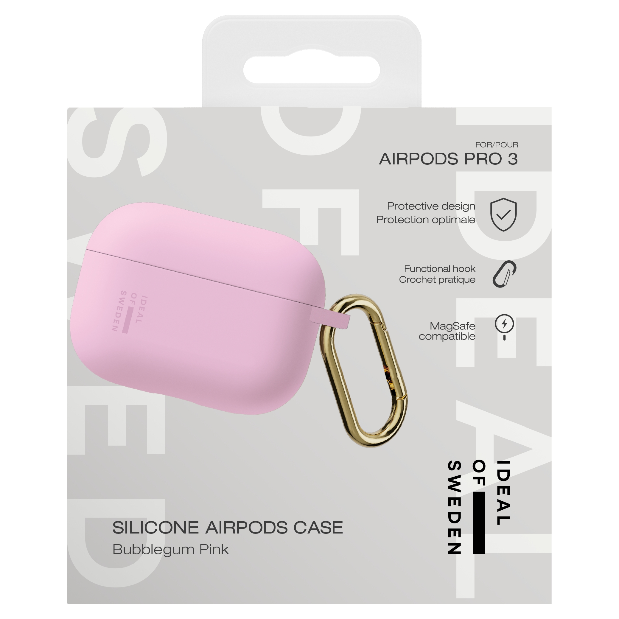 Una funda rosa para AirPods Pro 3 con mosquetón dorado y compatibilidad MagSafe.