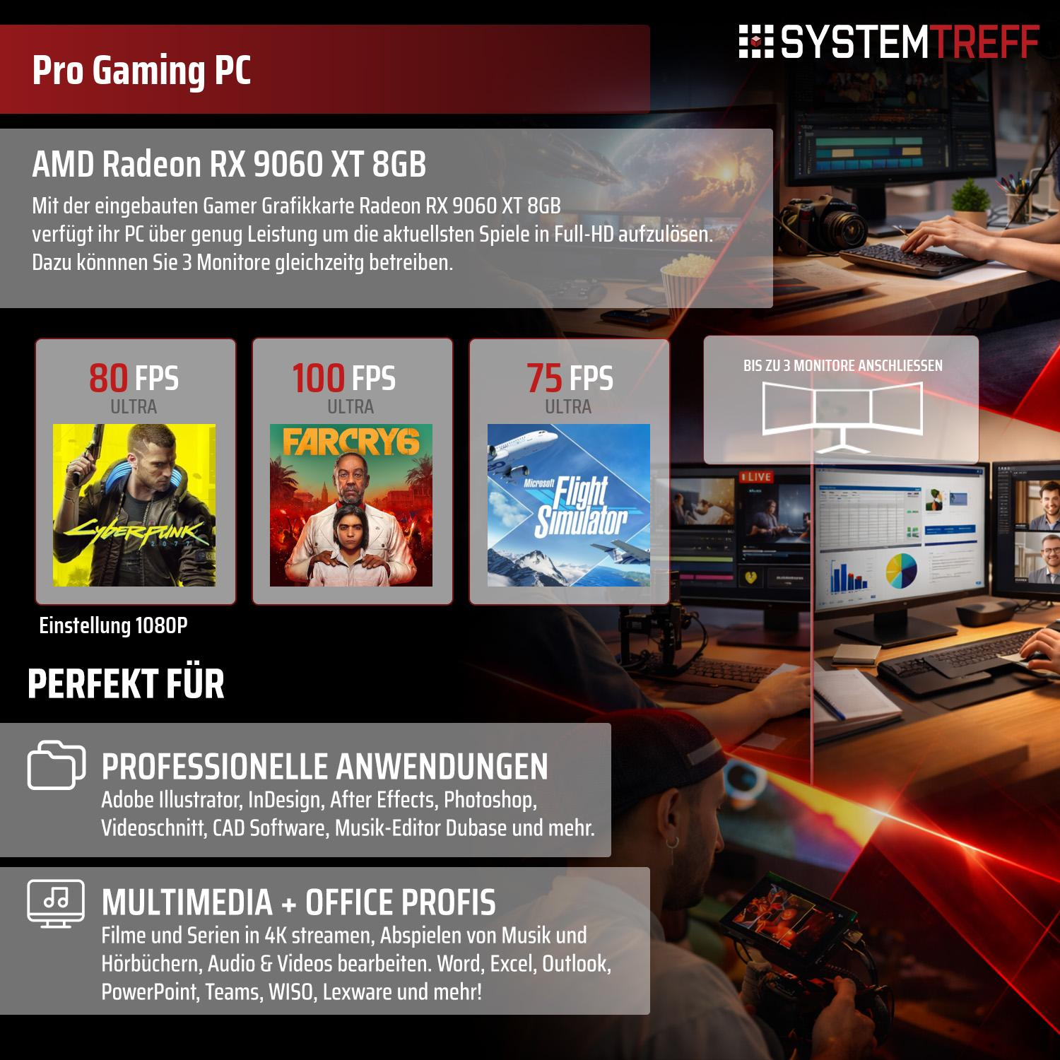 Pro Gaming PC mit AMD Radeon RX 9060 XT 8GB Grafikkarte. Unterstützt 3 Monitore.
