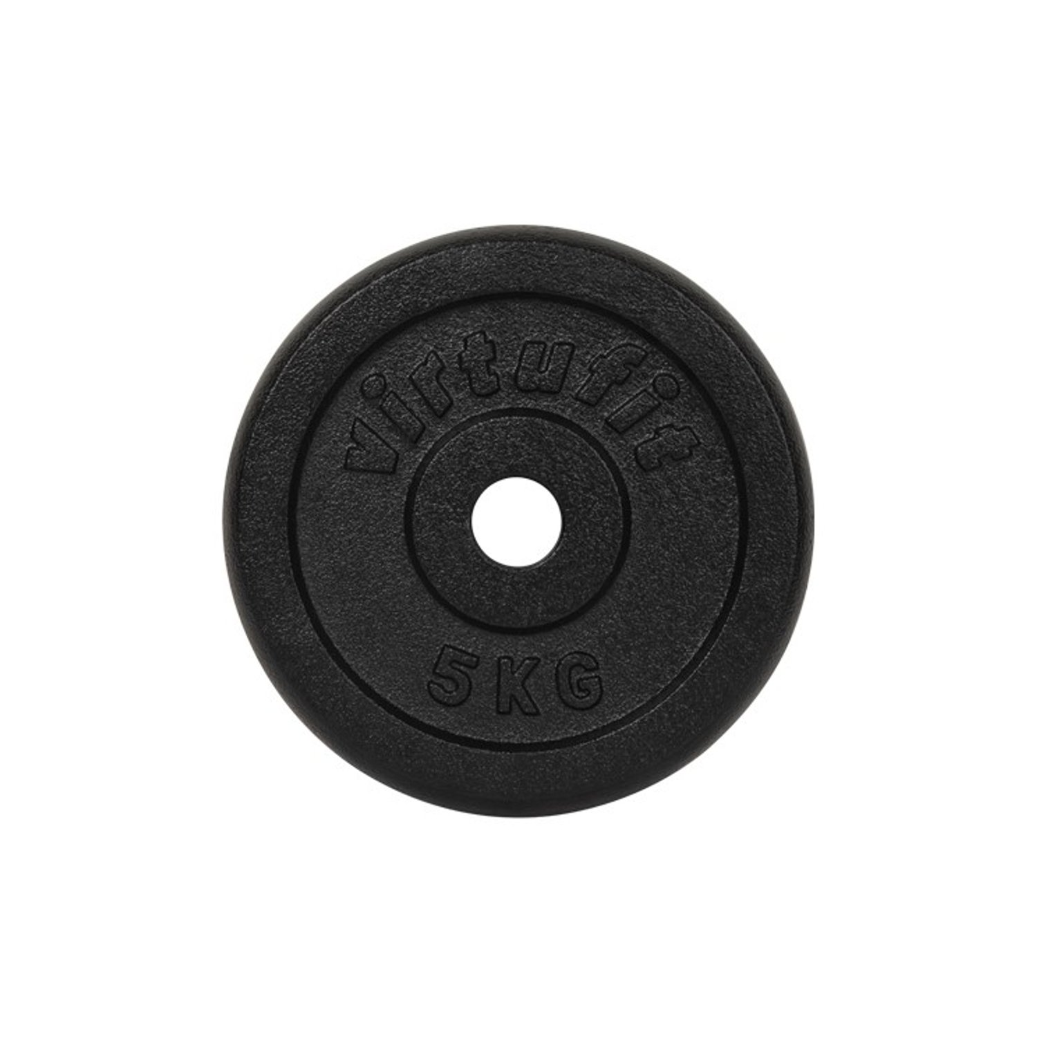 Schwarze 5 kg Hantelscheibe mit "virtufit"-Logo auf weißem Hintergrund.