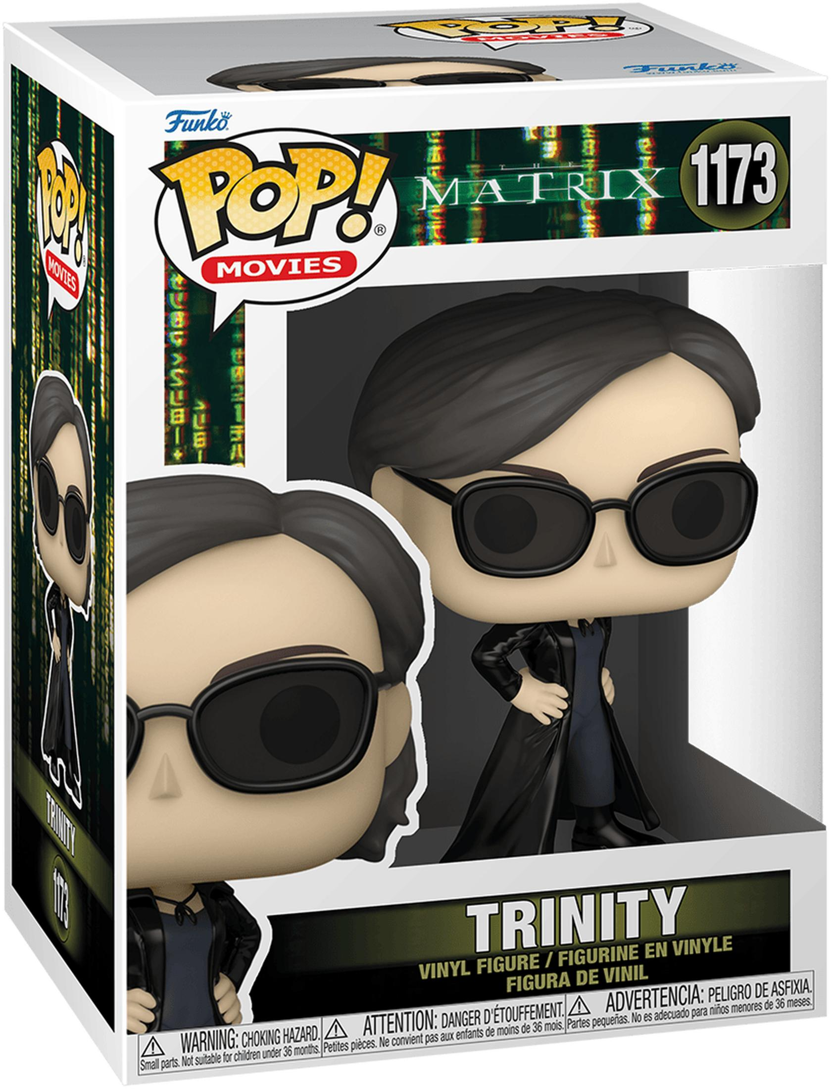 Funko Pop! Matrix Figur von Trinity, mit schwarzem Haar, Sonnenbrille und Mantel.