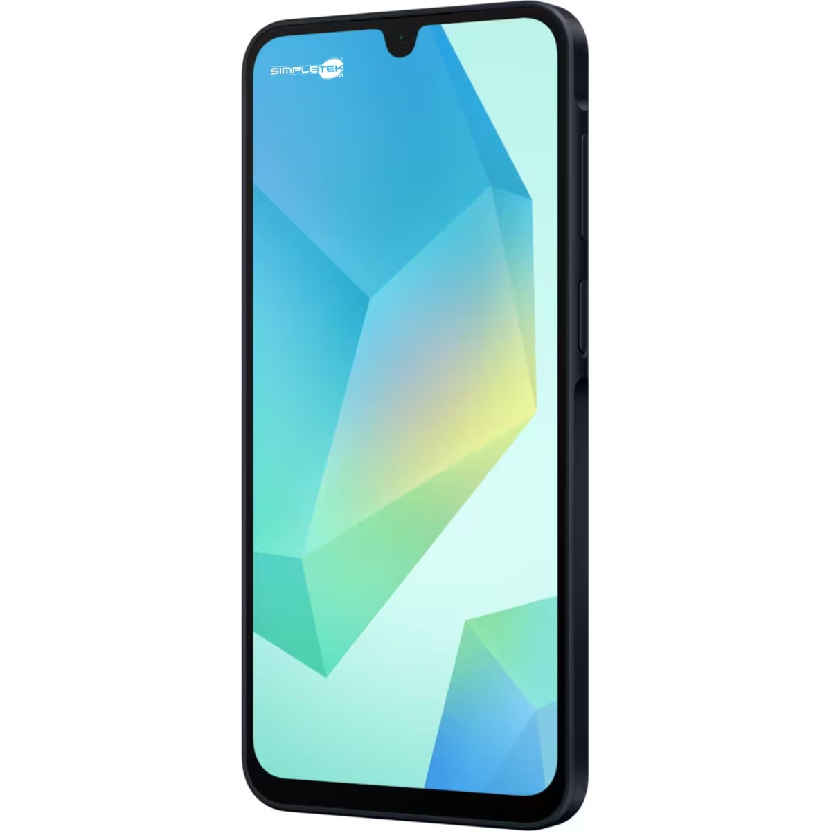 Ciemny smartfon z geometrycznym tłem. Logo Simpletel na górze.