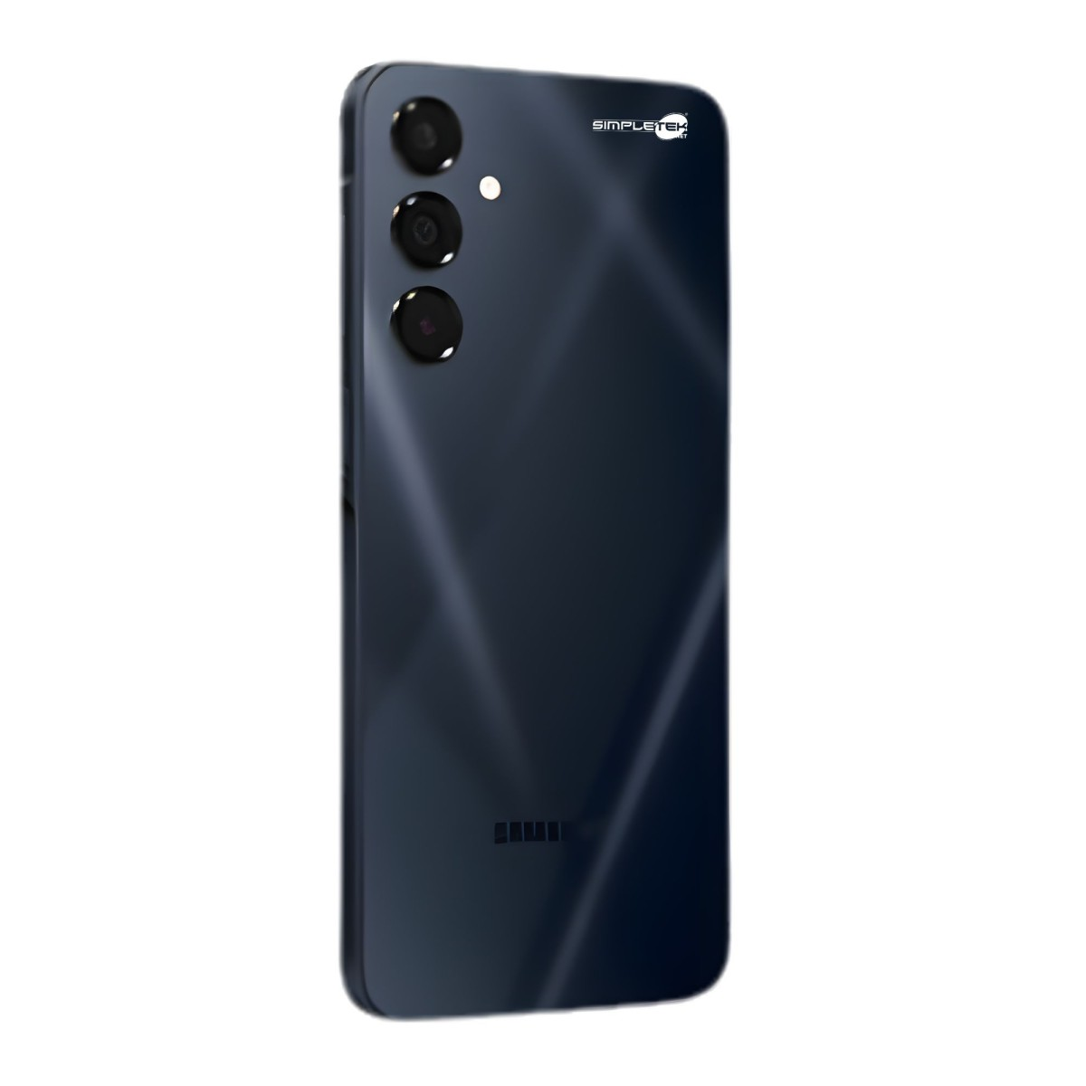 Ciemnoniebieski smartfon z trzema aparatami i lampą błyskową w lewym górnym rogu. Logo firmy w prawym górnym rogu.