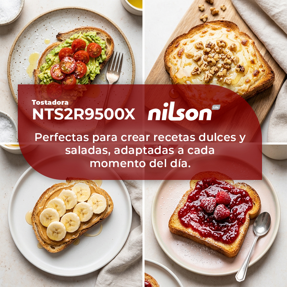 Cuatro tostadas: aguacate con tomate, queso con nueces, crema de cacahuete con plátano, mermelada con bayas.