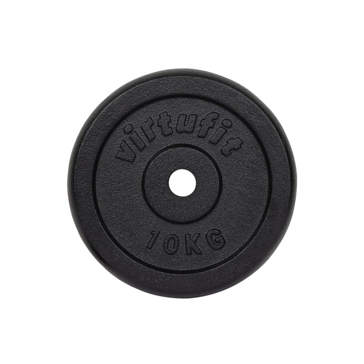 Schwarze 10-kg-Hantelscheibe mit "virtufit"-Logo und mittigem Loch.