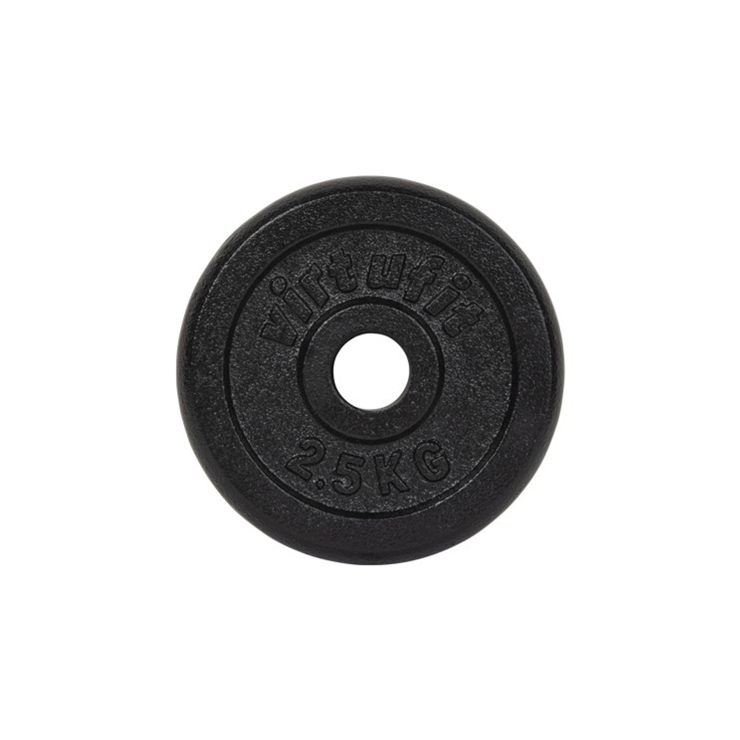 Schwarze Hantelscheibe mit 2,5 kg Gewicht, kreisförmig mit zentralem Loch.