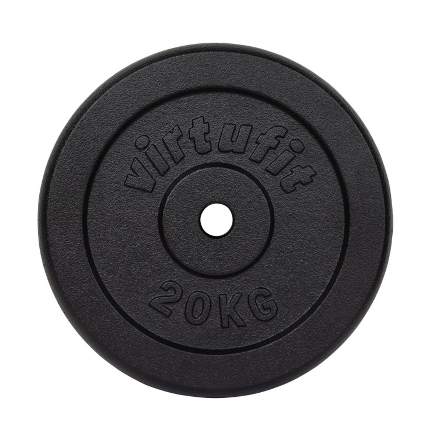 Schwarze 20-kg-Hantelscheibe mit "virtufit"-Logo, zentriert.