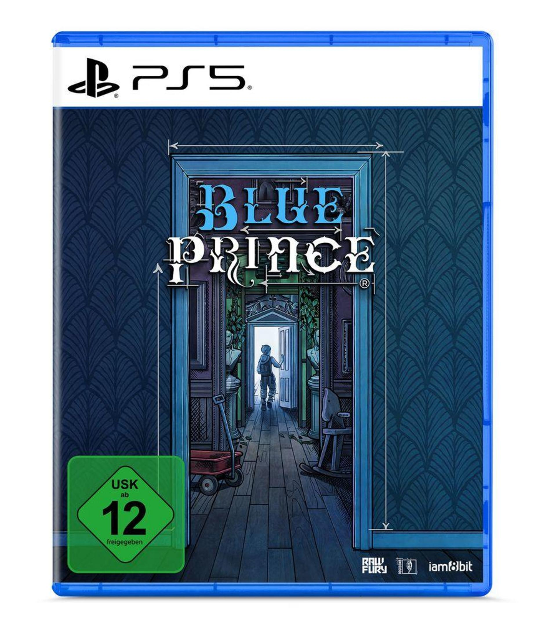 PS5-Spielehülle für Blue Prince. Eine Person geht durch eine offene Tür in einem blauen Raum.