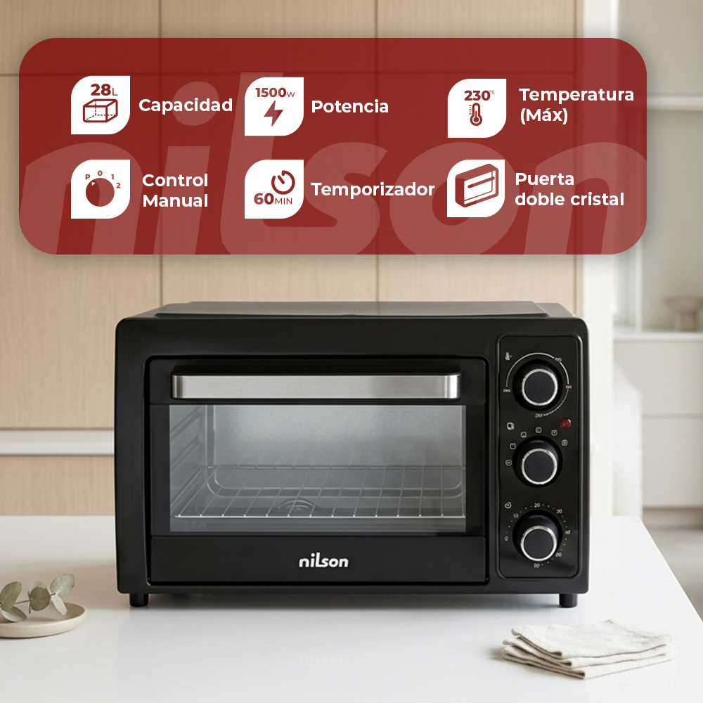 Horno Nilson negro con puerta de cristal y controles. Capacidad 28L, potencia 1500W.