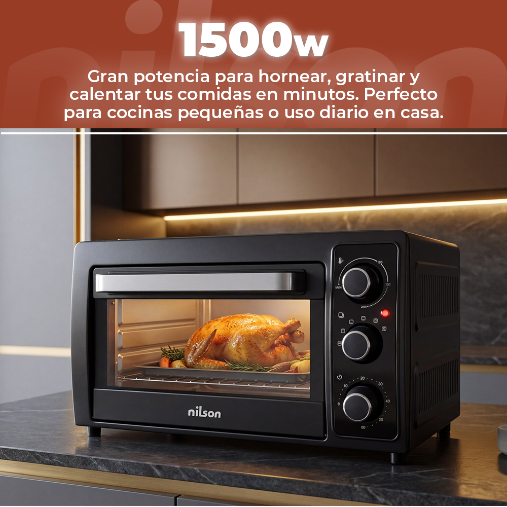 Un horno de encimera negro con un pollo asado dentro.