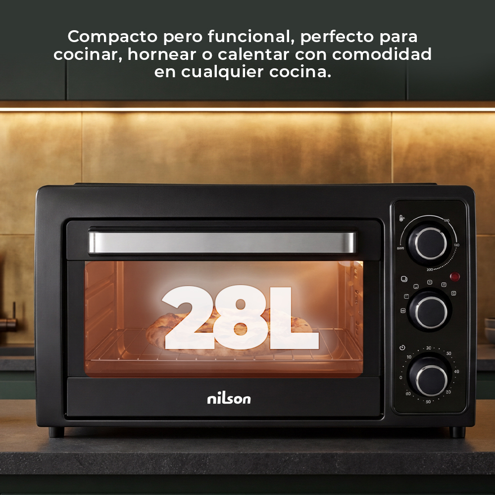 Un horno Nilson negro de 28L con tres diales y un asa.