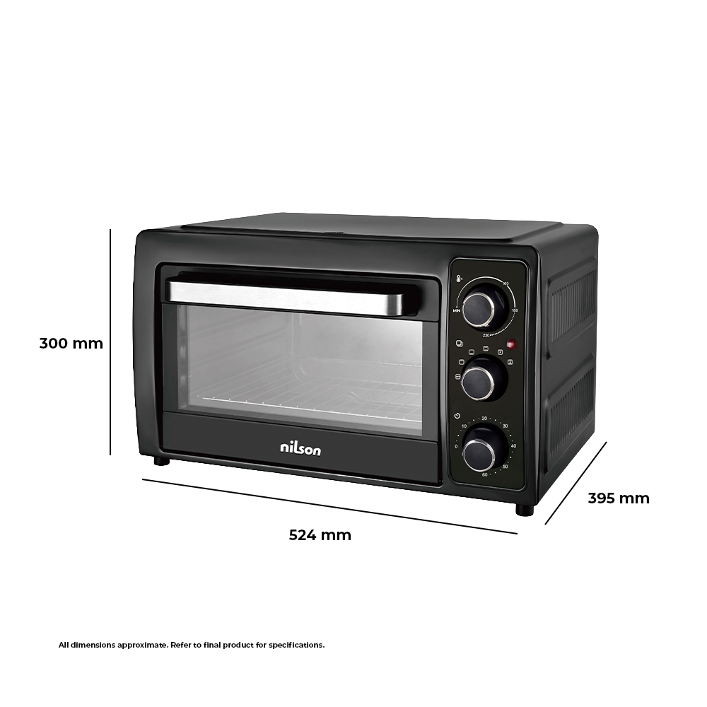 Mini horno Nilson negro con asa y mandos plateados. Se muestran dimensiones.