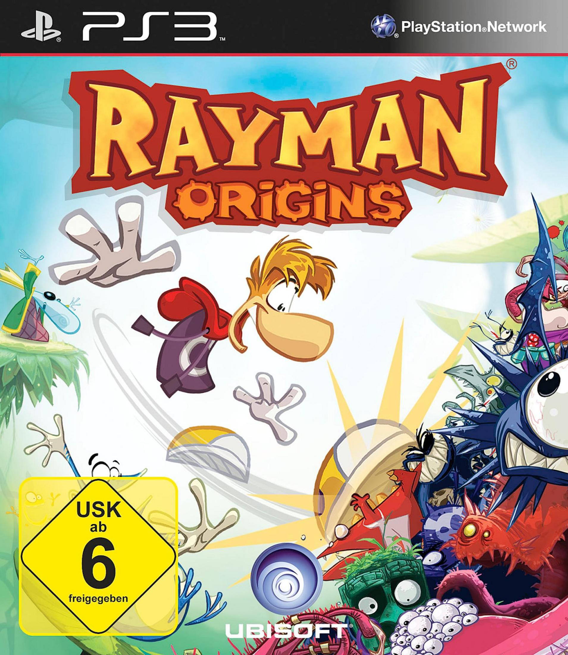 Rayman Origins PS3 Cover: Bunte Charaktere, USK 6 Siegel & Ubisoft Logo.
