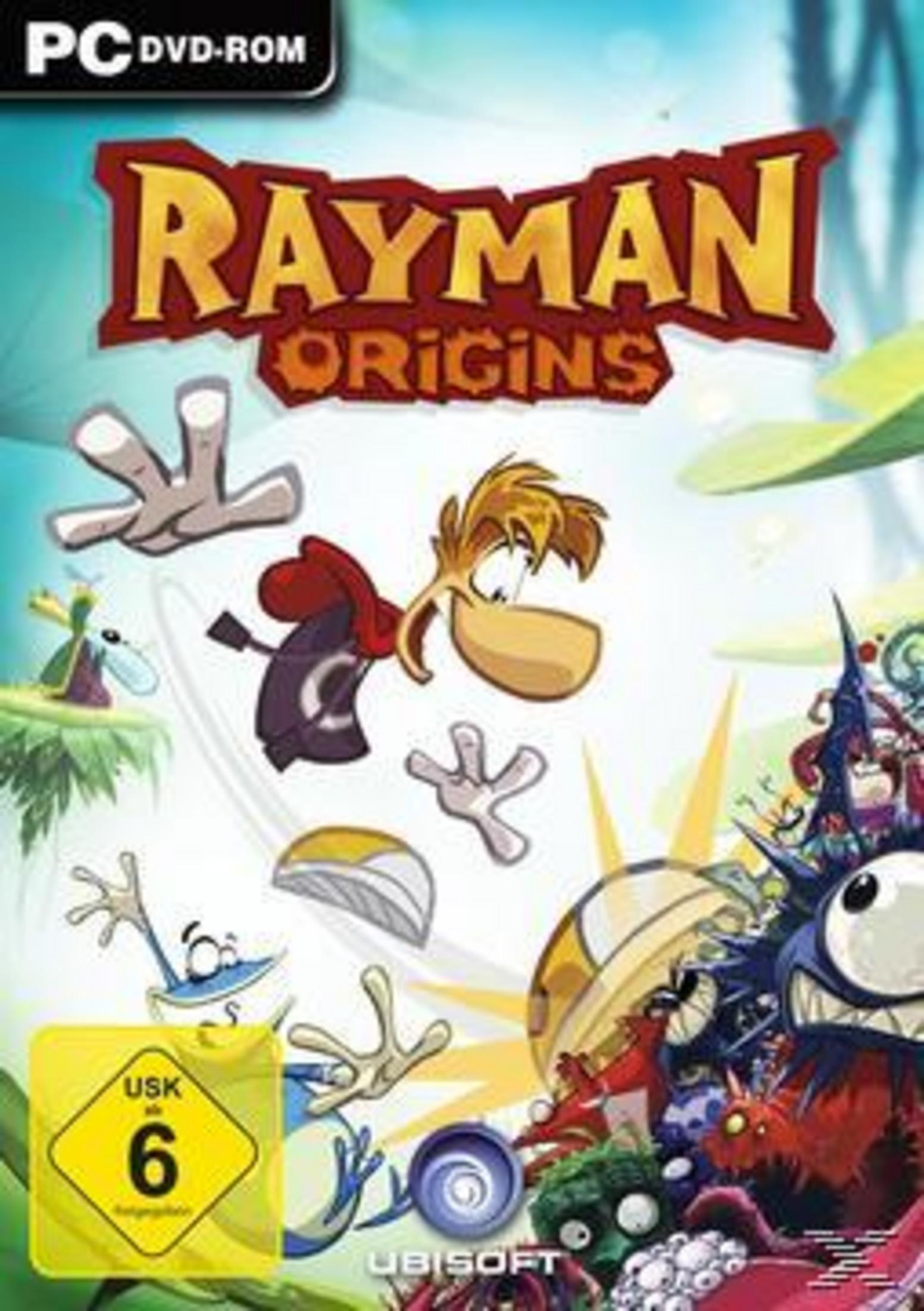 Rayman Origins PC-Hülle mit Rayman und anderen Charakteren vor hellem Hintergrund.