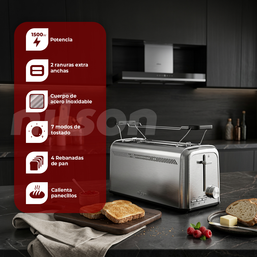 Tostadora plateada brillante con 2 ranuras, 1500W. Cuerpo acero inoxidable, 7 modos, calentador.