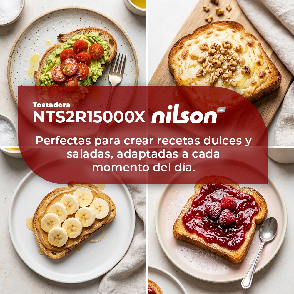 Cuatro tostadas: aguacate, queso/nueces, plátano, mermelada. Tostadora Nilson.