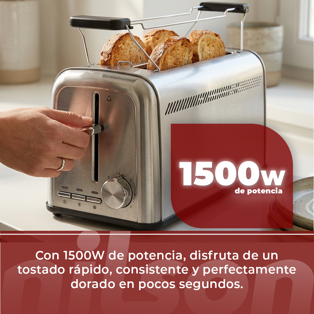 Un tostador plateado con cuatro rebanadas de pan, una mano ajustando el dial.