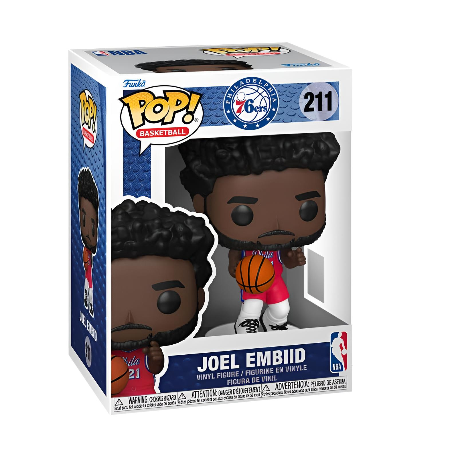 Funko Pop Figur von Joel Embiid im Philadelphia 76ers Trikot mit Basketball.