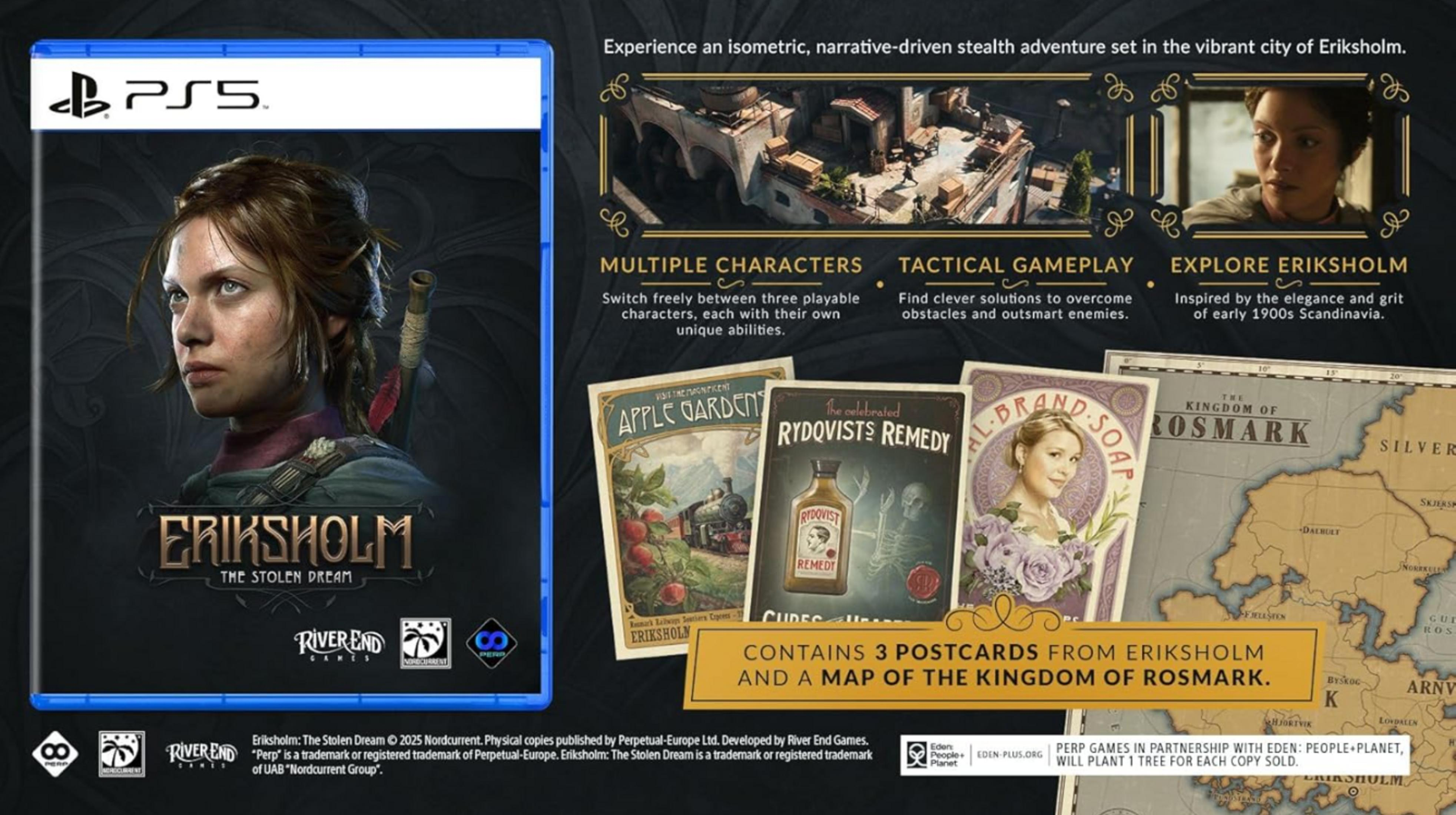 Copertina del gioco PS5 Eriksholm: The Stolen Dream con cartoline e mappa.