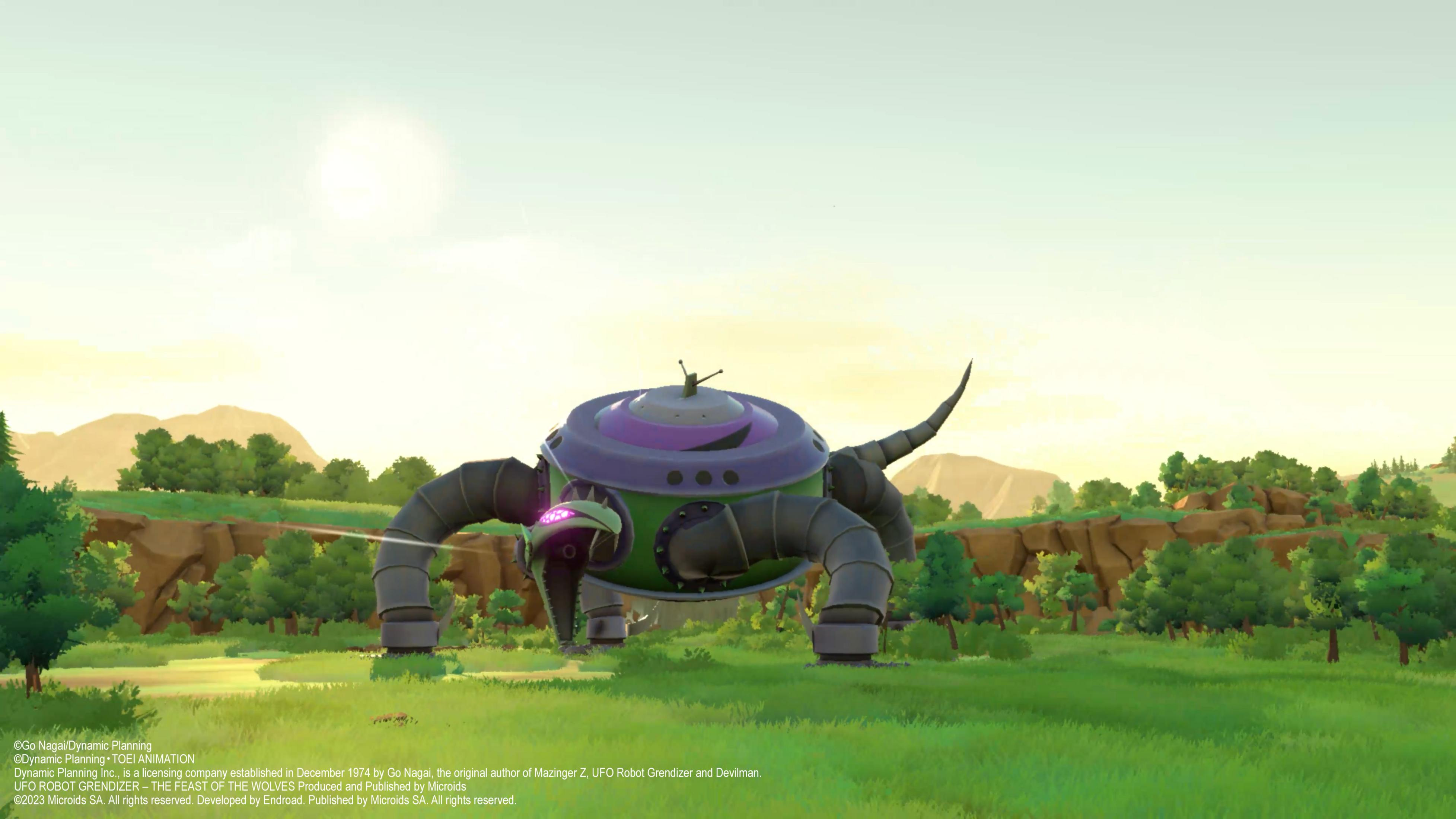 Un robot verde con accenti viola e quattro zampe si trova in una radura erbosa.