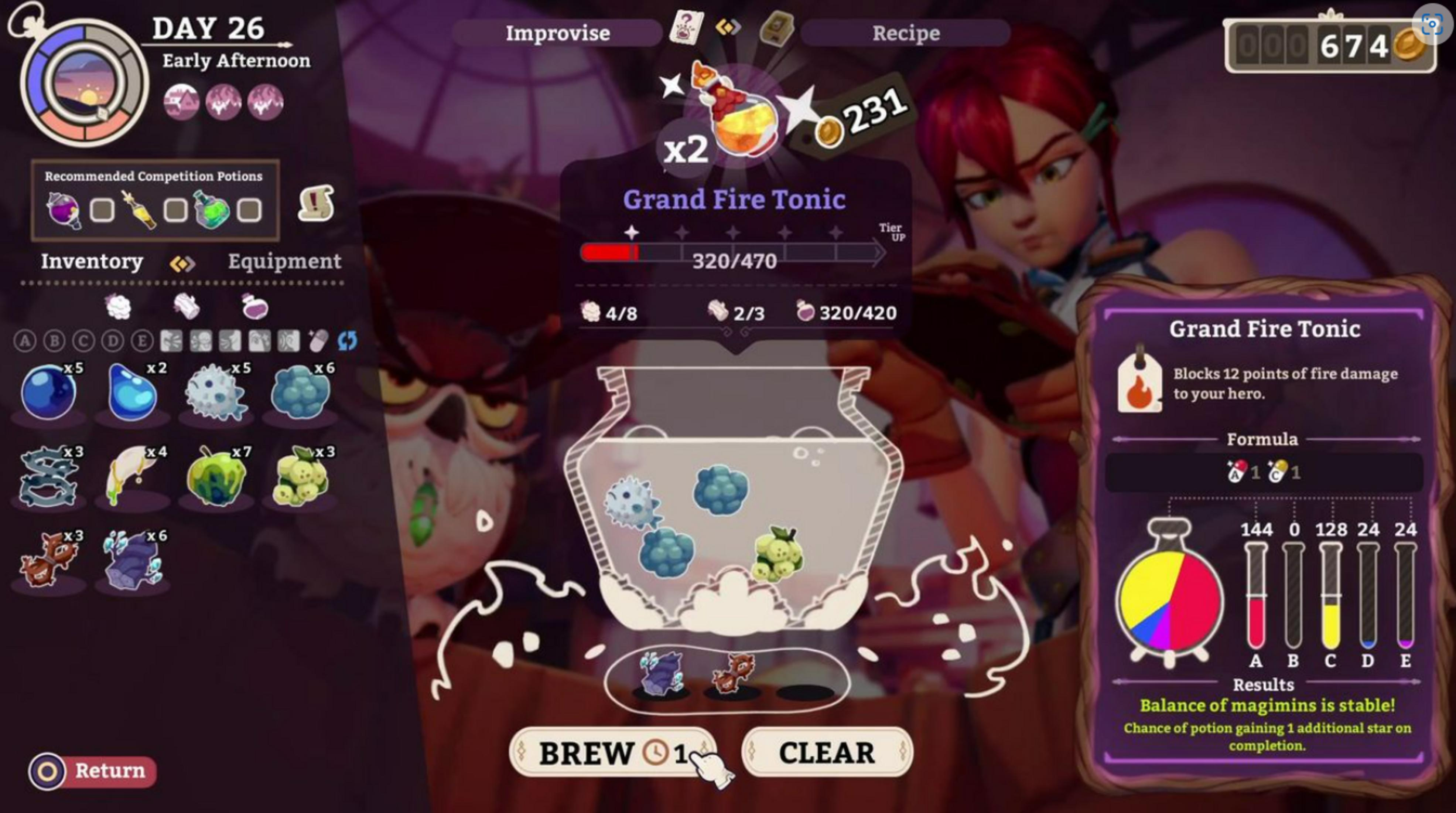 Spielbildschirm mit Alchemie-Interface, links Inventar, Mitte Brauerei, rechts Rezept.