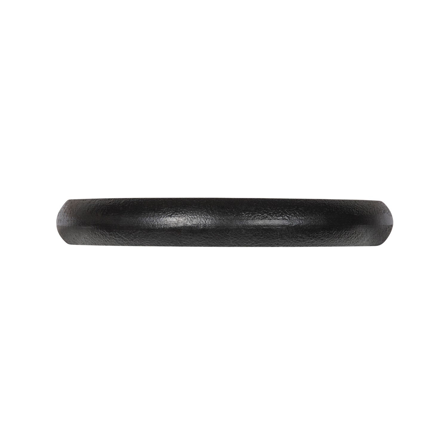 Ein schwarzes, rundes Gewicht mit einer strukturierten Oberfläche auf weißem Hintergrund.