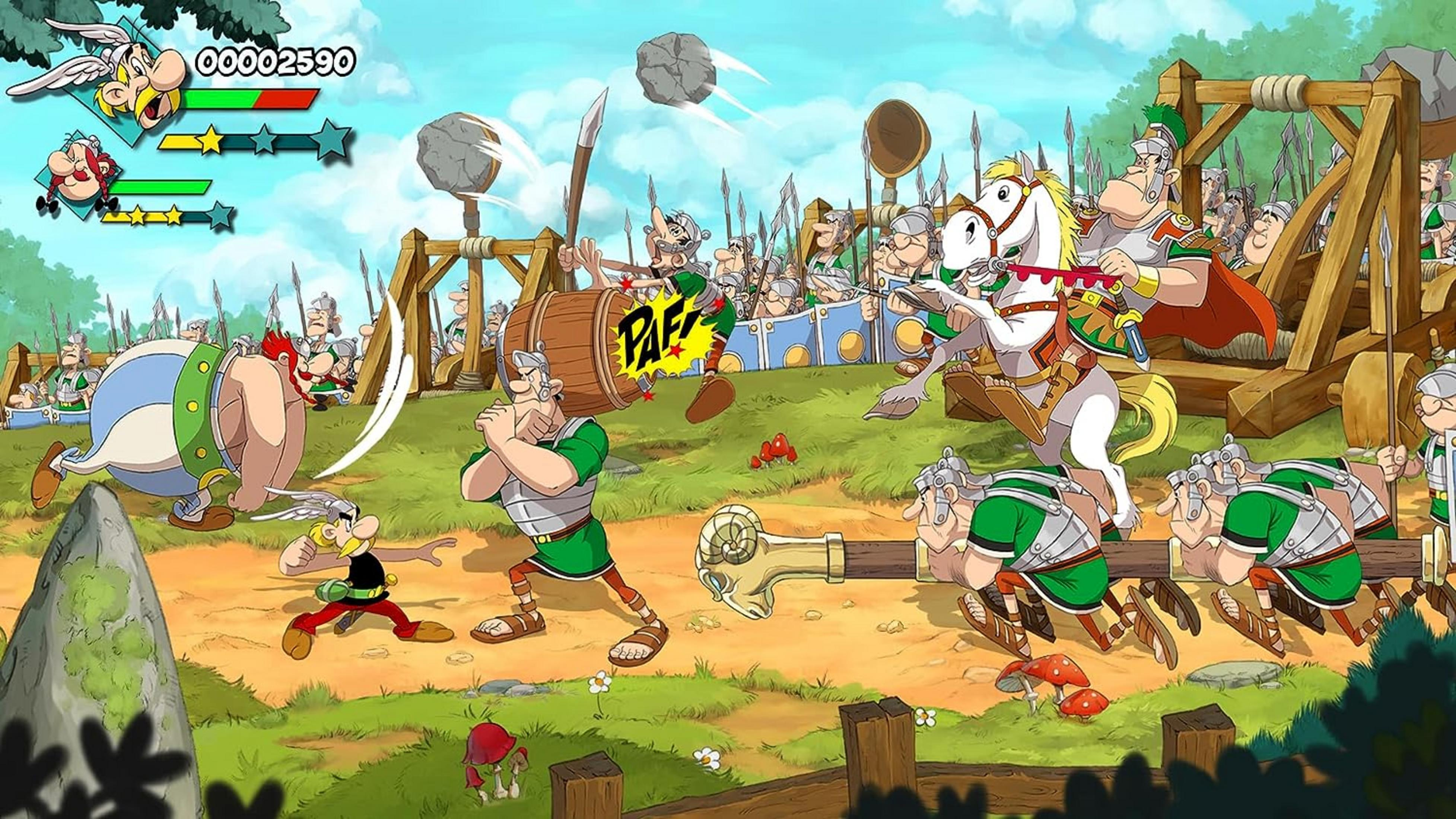 Asterix i Obelix walczą z rzymskimi żołnierzami przy użyciu katapulty.