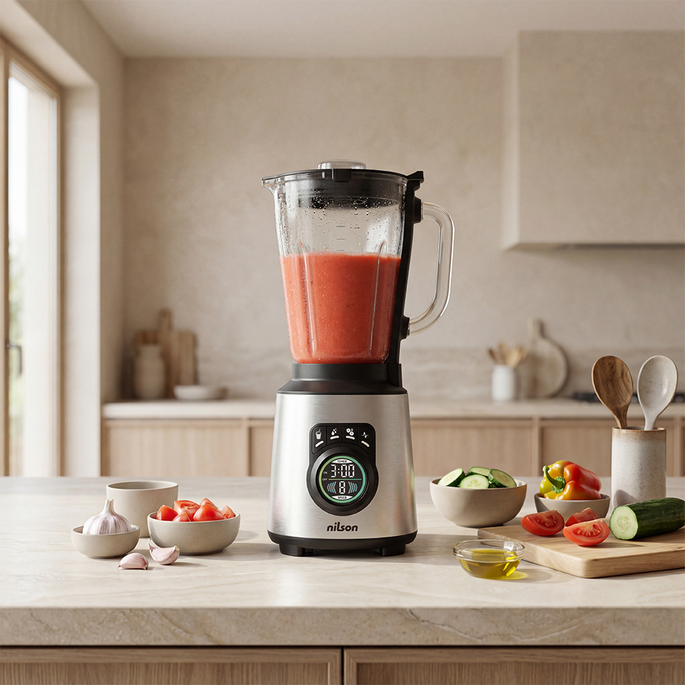 Una licuadora plateada con batido rojo sobre encimera de mármol, con ingredientes cerca.