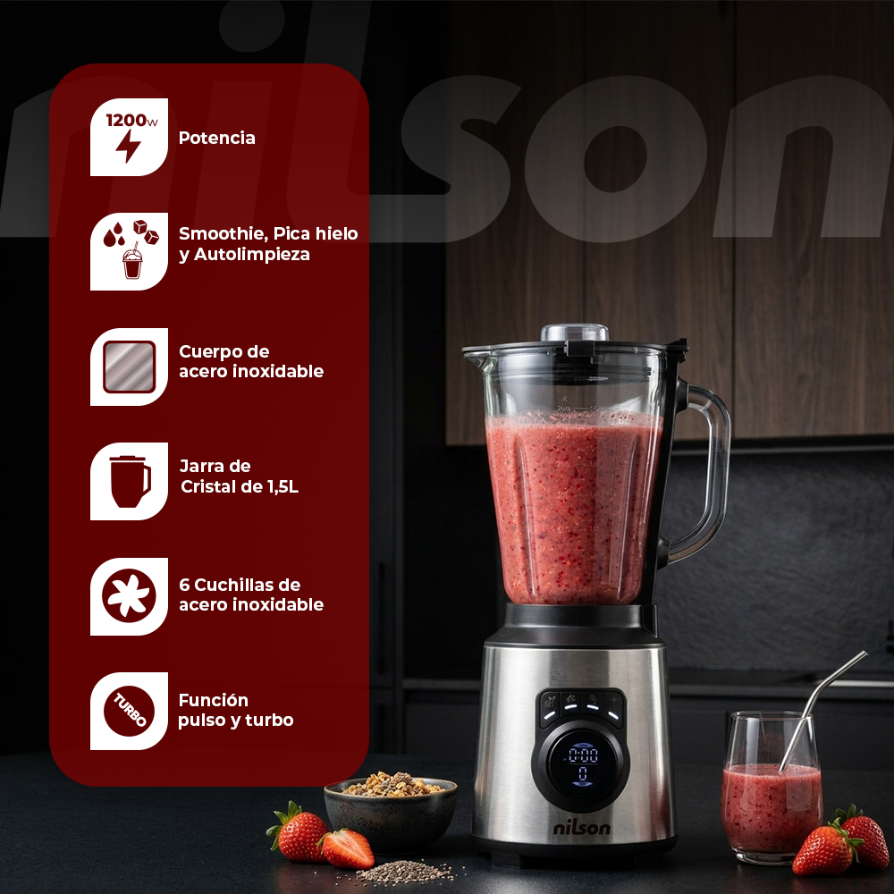 Una licuadora plateada con un vaso lleno de batido rojo, sobre una encimera oscura con fresas.