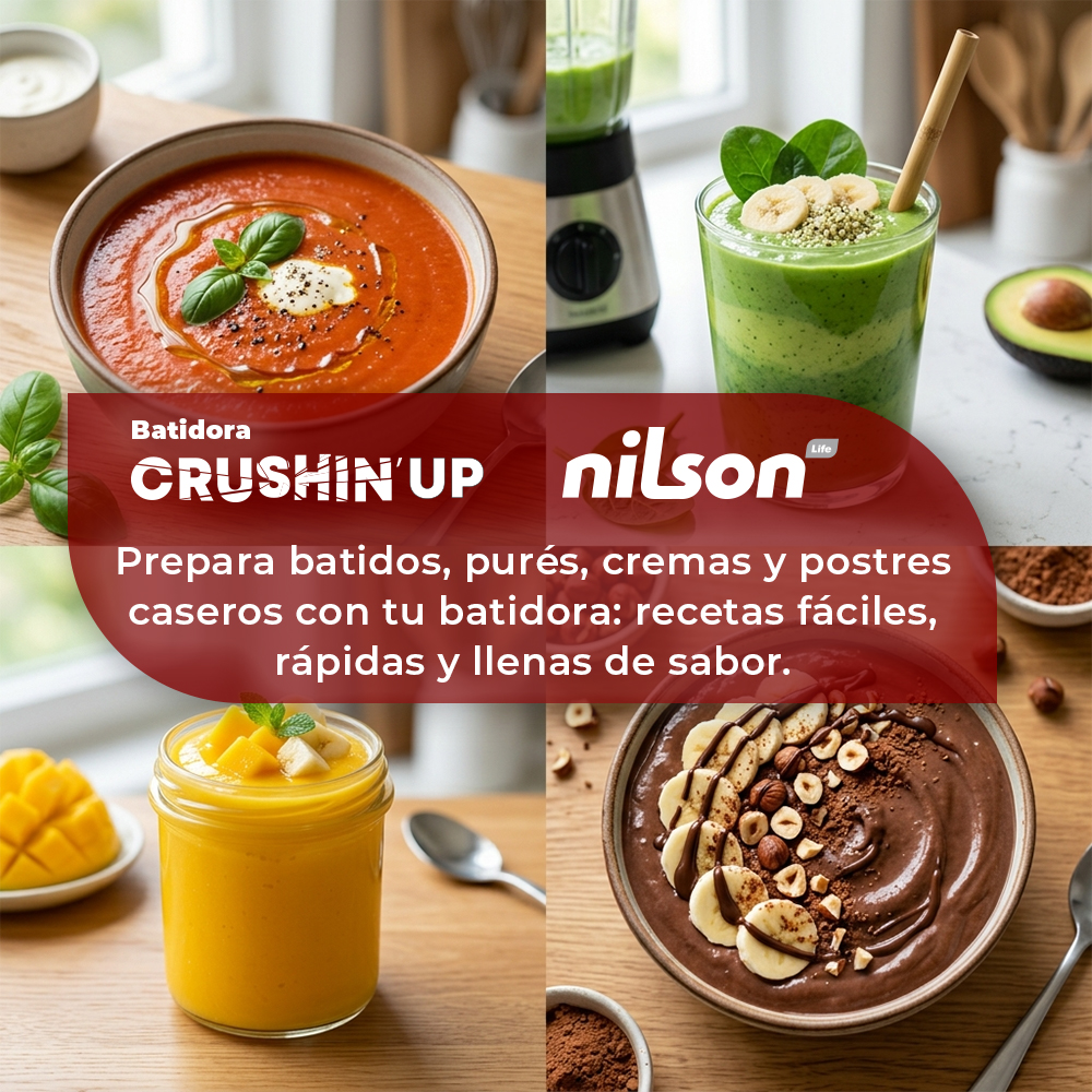 Cuatro alimentos: sopa de tomate, batido verde, batido de mango y tazón de chocolate.